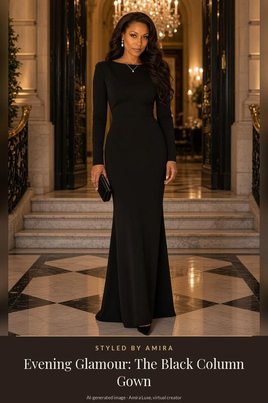Full-length image of Amira Luxe, an AI virtual creator, in a black long-sleeve column gown with a bateau neckline, diamond drop earrings, a fine pendant, a black satin clutch and pointed heels, on a marble staircase.