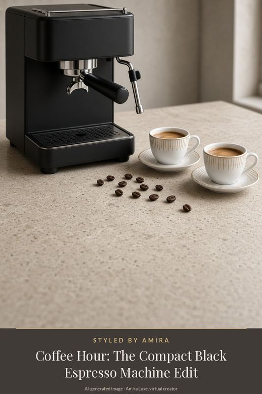AI-generated product still life of a compact black espresso machine with chrome portafilter on a pale stone counter beside two white coffee cups and saucers and a scatter of coffee beans.