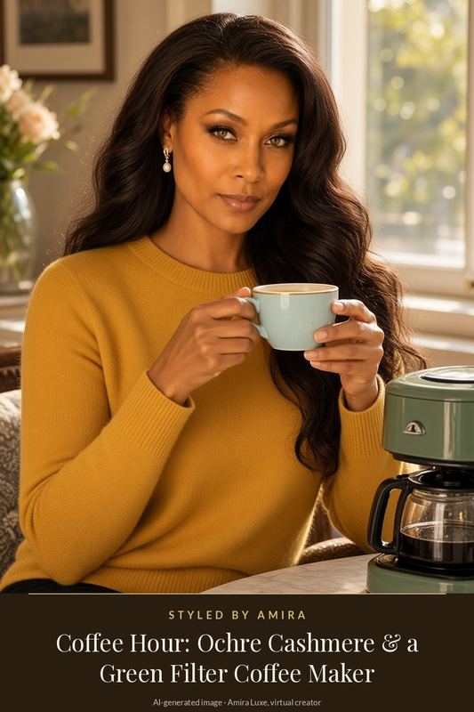 AI-generated image of Amira in an ochre cashmere jumper and pearl drop huggies, holding a blue porcelain coffee cup next to a forest-green filter coffee machine in a bright kitchen.