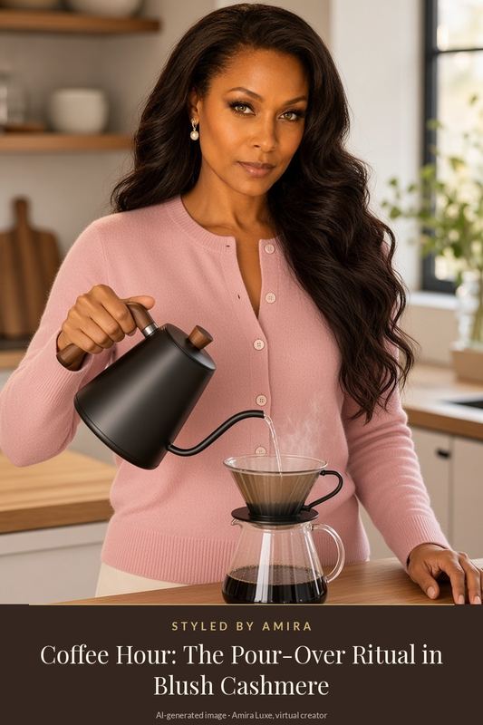 AI-generated image of Amira in a pink cashmere cardigan with pearl drop earrings, pouring water from a matte-black gooseneck kettle into a glass pour-over coffee brewer on an oak counter.