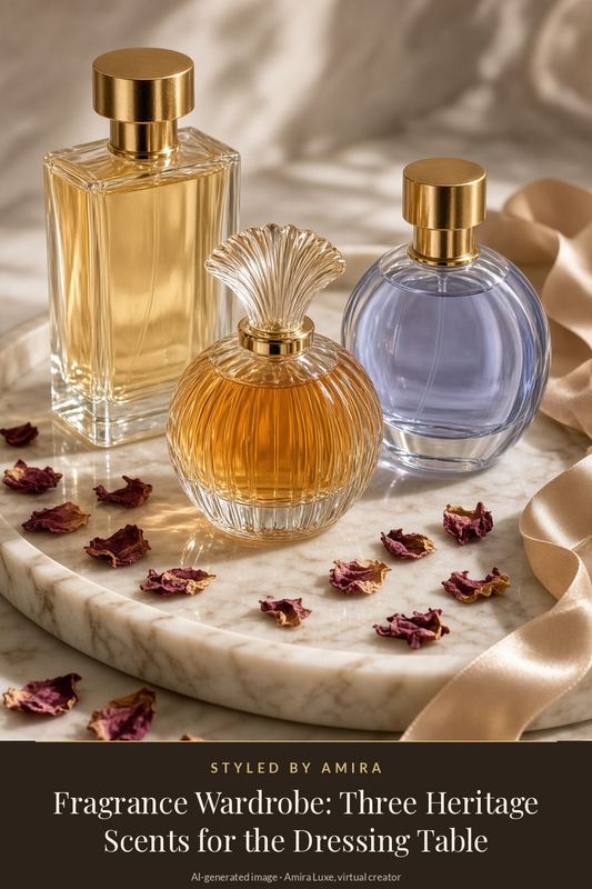 AI-generated product still life of three unlabelled perfume bottles with gold caps on a round marble tray scattered with dried rose petals and a silk ribbon.