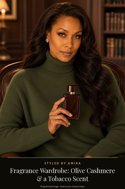AI-generated image of Amira in an olive-green high-neck cashmere jumper and gold studs, holding a dark perfume bottle in a wood-panelled library.