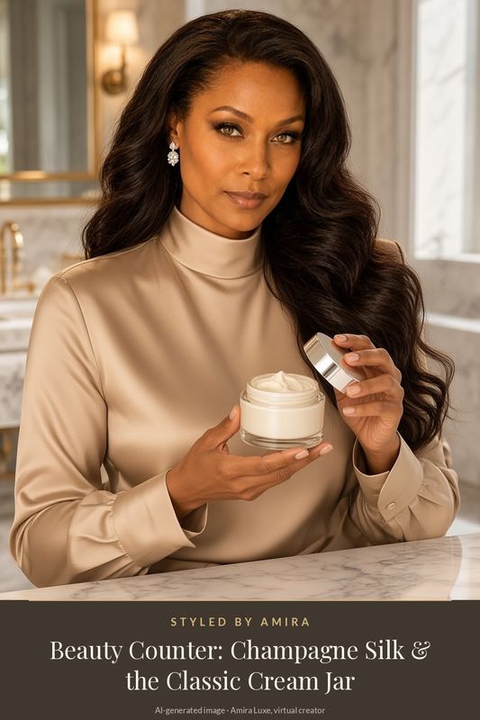 AI-generated image of Amira in a champagne high-neck silk shirt and drop earrings, holding an open cream-white jar of moisturiser and its silver lid at a marble bathroom vanity.