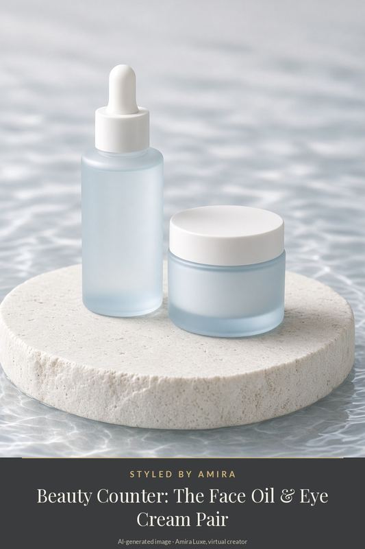 AI-generated product still life of a frosted pale-blue dropper bottle and a small matching cream jar with white lids on a round stone pedestal over water.