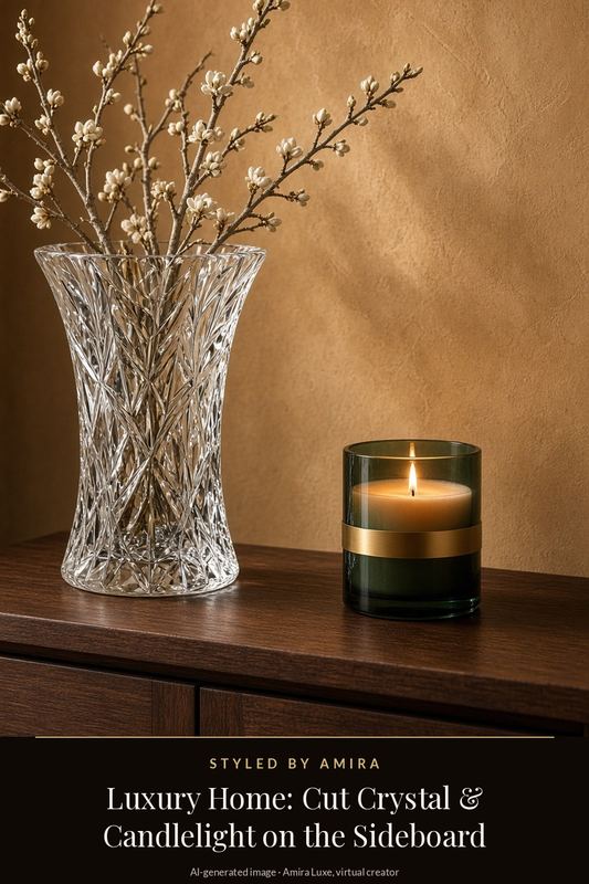 AI-generated product still life of a tall cut-crystal vase with pale blossom branches and a lit candle in a green glass with a gold band on a walnut sideboard.