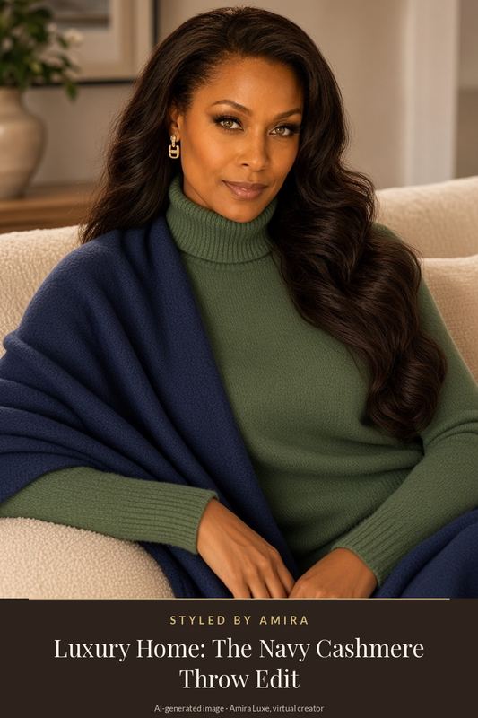 AI-generated image of Amira in a green roll-neck jumper and gold earrings, sitting on a cream bouclé sofa with a navy cashmere throw over her shoulder.