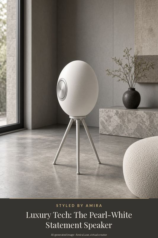 AI-generated product still life of a pearl-white egg-shaped speaker with silver side woofers on a slim tripod stand in a minimalist concrete-floored room.
