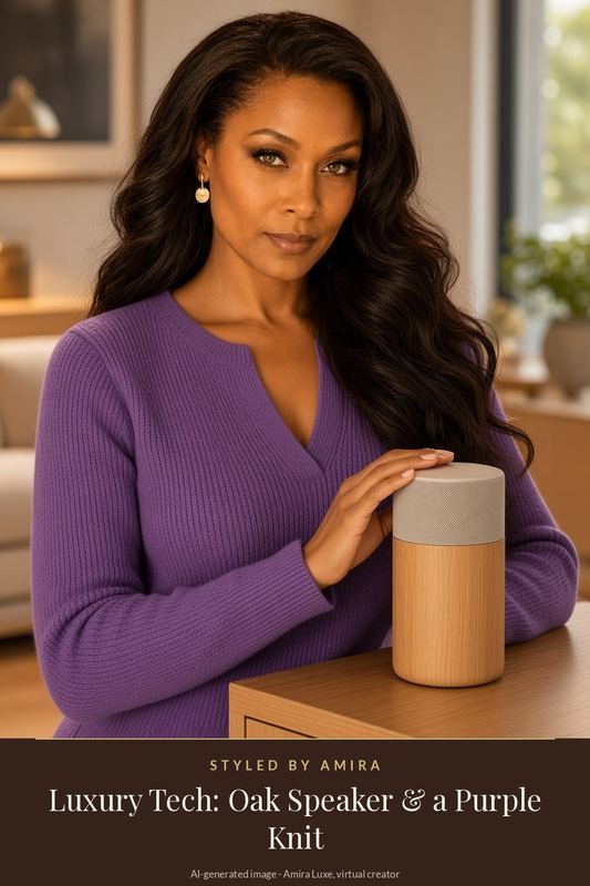 AI-generated image of Amira in a purple V-neck knit top and gold drop earrings, resting her hand on a tall oak and fabric speaker on a wooden sideboard.