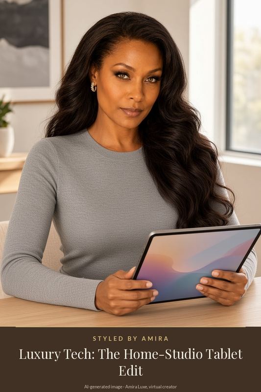 AI-generated image of Amira in a light grey long-sleeve top and gold huggie earrings, holding a large grey tablet at a pale oak desk in a bright room.