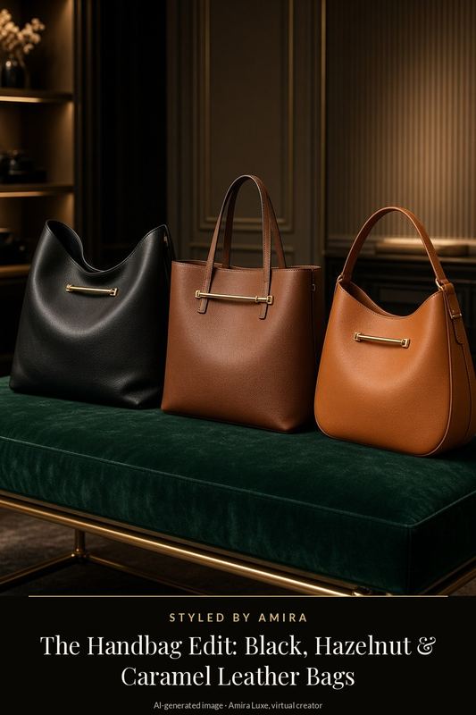 AI-generated product still life of three leather handbags in black, hazelnut and caramel with gold bar hardware on a green velvet bench in a dark boutique.