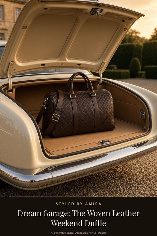 AI-generated product still life of a dark brown woven-leather duffle bag with a shoulder strap in the open boot of a cream vintage car on a gravel drive at sunset.