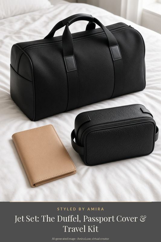 AI-generated product still life of a black duffel bag, a beige leather passport cover and a black leather toiletry case on a white hotel bed.