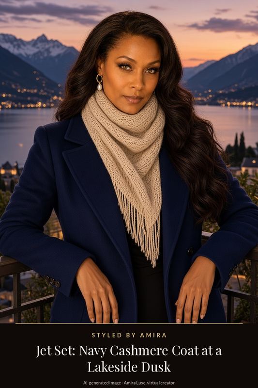 AI-generated image of Amira in a navy wool coat with an ecru fringed knit scarf and pearl hoop earrings on a balcony overlooking a lake and mountains at dusk.